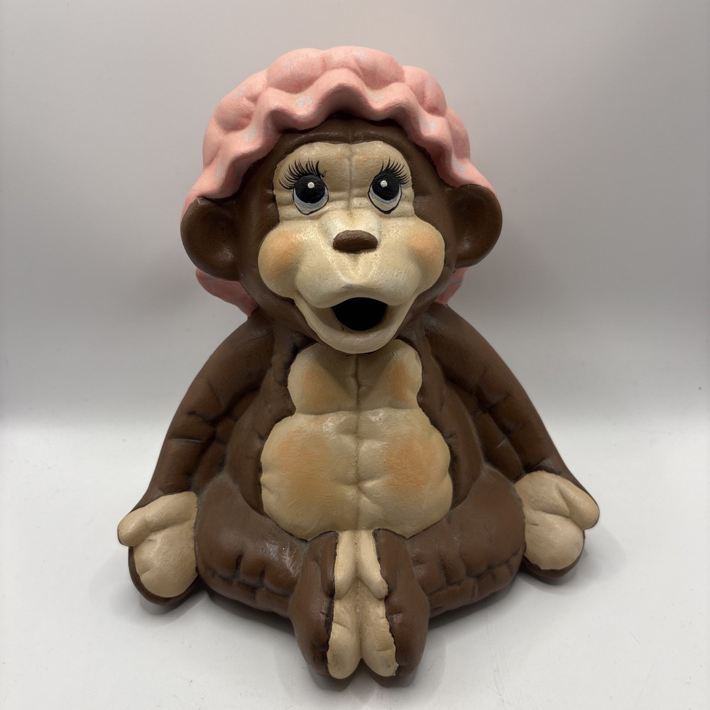 Vtg Kimple Ceramic Baby Monkey Coin Bank Pink Bonnet‎ Hat No Pacifier
